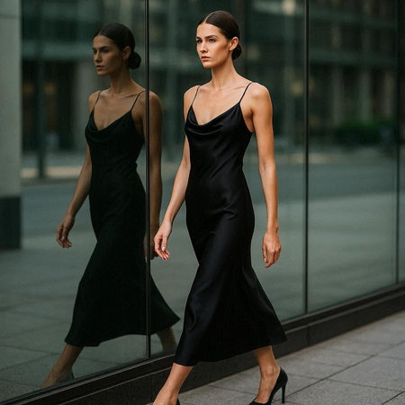 Fashionable beautiful brunette woman in black dress posing in the city