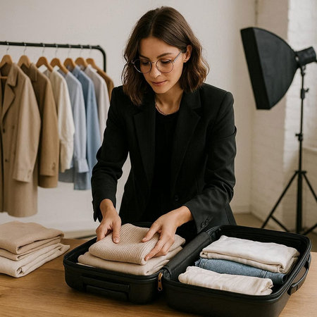 attractive young caucasian woman packing clothes in suitcase at home