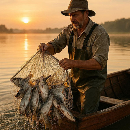 Fisherman holding net with freshly caught fish on boat at sunrise