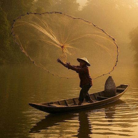Fisherman catching fish with net on the lake in the morning