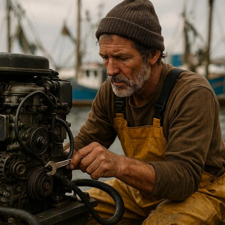 Portrait of an old man working on a motor boat in the portの写真素材