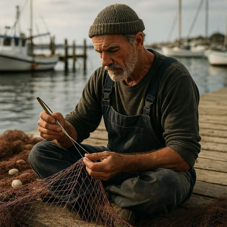 Portrait of an elderly fisherman sitting on a pier and fishing net