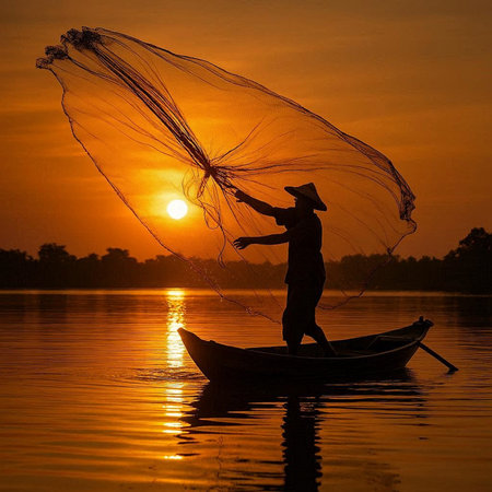 Fisherman at sunrise on the Inle Lake, Shan State, Myanmarの写真素材