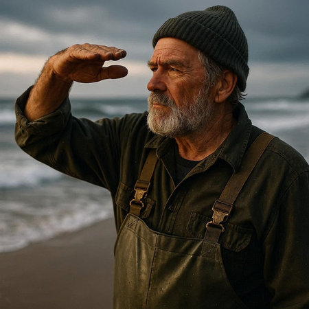 Handsome senior man with a gray beard and hat in a green jacket on the seashore at sunset