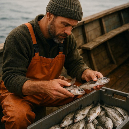 Fisherman holding freshly caught sea bass fish in his hands.