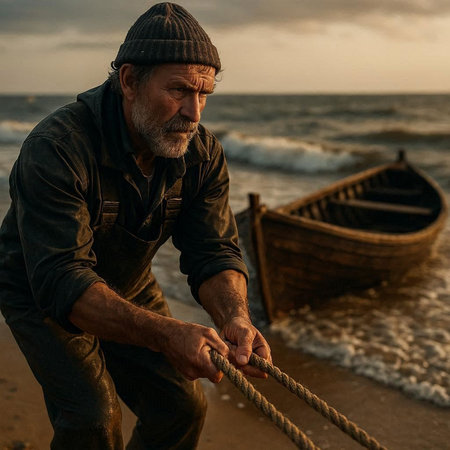 Portrait of an old fisherman on the seashore at sunset