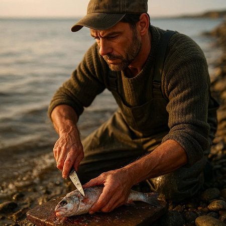 Fisherman with a freshly caught fish on the seashore