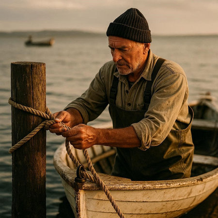 Senior man fishing on a boat in the sea at sunset. Portrait of an old fishermanの写真素材