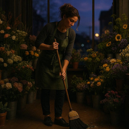 Young woman with a broom working in a flower shop at night.