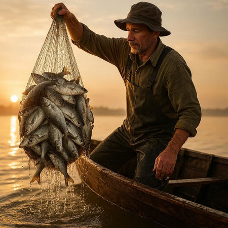 Fisherman with catch of fish in a boat at sunset.