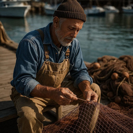 Portrait of an old fisherman with fishing net in the port.