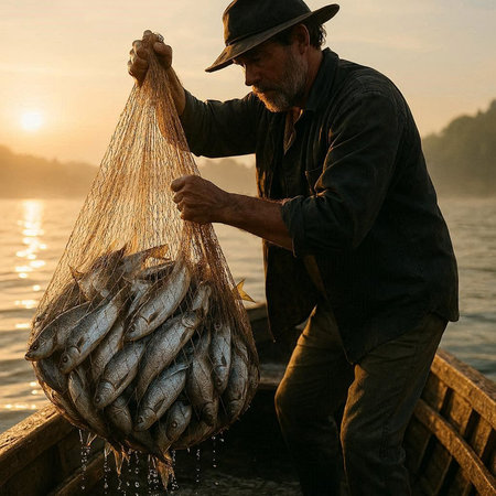 Fisherman holding a net of freshly caught fish in the river