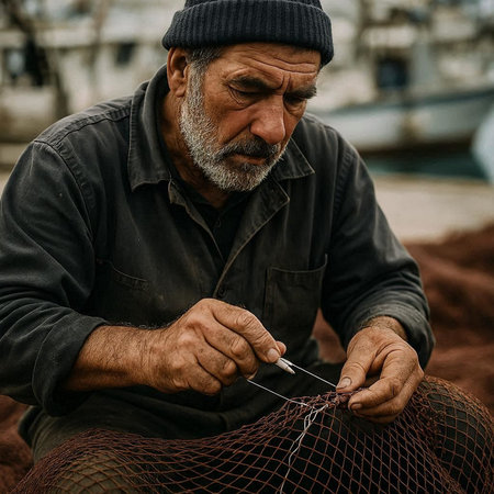 Fisherman working on a fishing net in the port of Essaouira, Morocco