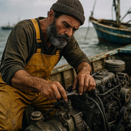 Portrait of a bearded man repairing the engine of a fishing boat.