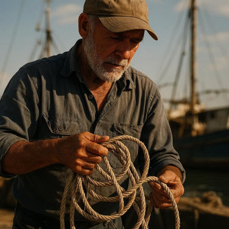 Old man holding a rope on a fishing boat, close-up