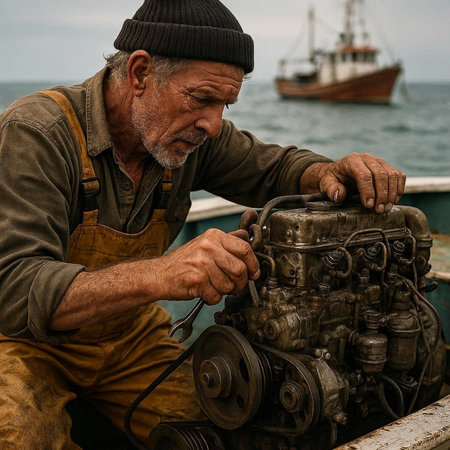 Portrait of an old craftsman repairing a motor boat in the seaの写真素材