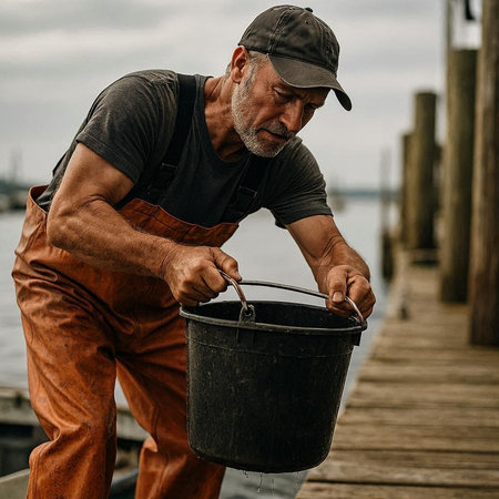 Fisherman with a bucket of fish on a wooden pier.の写真素材
