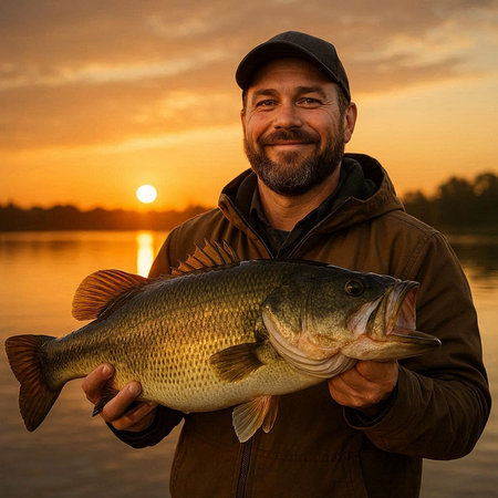 Fisherman holding big freshwater fish in hands on the background of sunset