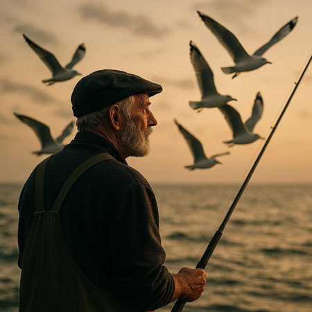Senior man fishing with seagulls on the background of the sea