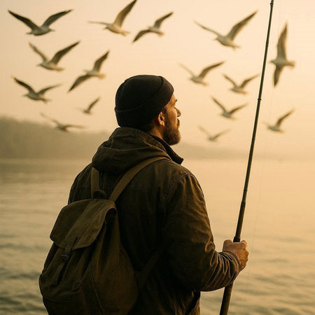 Fisherman with fishing rod and seagulls on the background