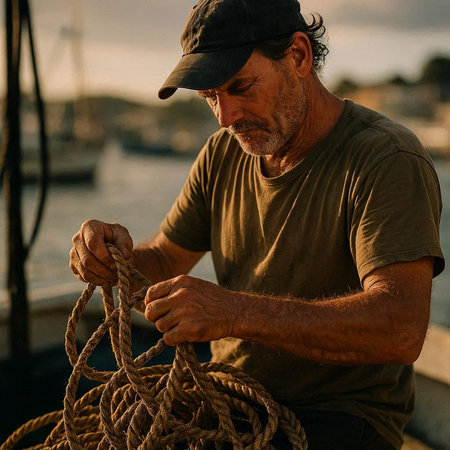 Handsome senior man wearing a cap and t-shirt holding a rope while standing on a pier at sunsetの写真素材