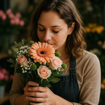 Beautiful young woman florist holding a bouquet of flowers