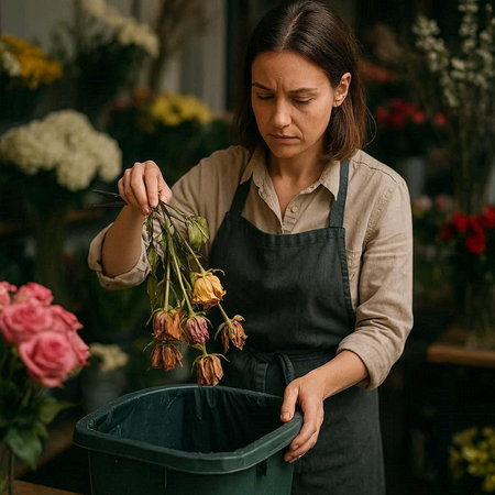 Female florist working in a flower shop. Flowers delivery.