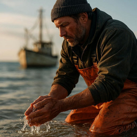 Fisherman working on a fishing boat in the sea at sunset