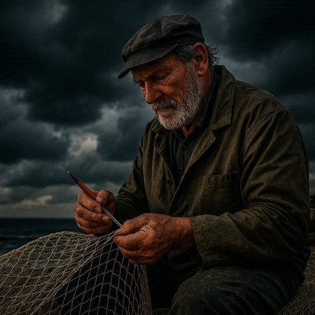 Fisherman with a fishing net on the seashore.