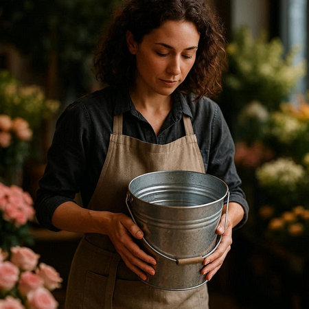 Portrait of young female florist holding metal bucket in flower shop.の写真素材