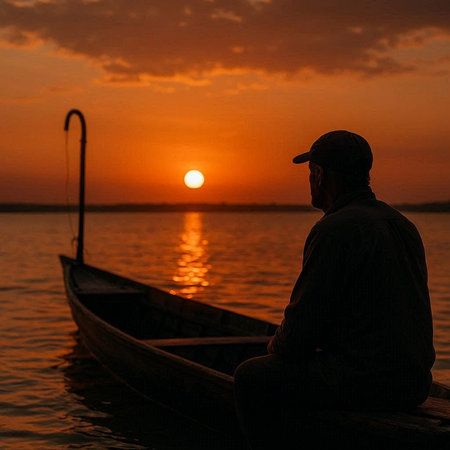 Silhouette of a man sitting on a boat at sunset.