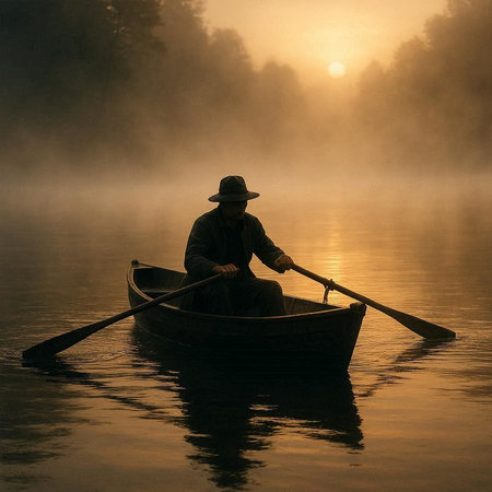Fisherman in a boat on a foggy lake at sunrise