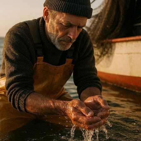 Fisherman washing his hands in the sea on a sunny day