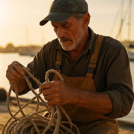 Portrait of a senior man working on a fishing boat at sunsetの写真素材
