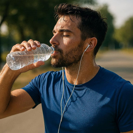 Sporty young man drinking water from a bottle after jogging in the park.