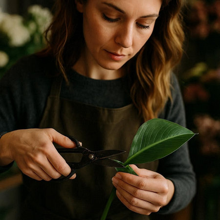 Female florist cutting green plant with scissors in flower shop, closeup