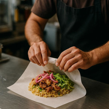 Close-up of a chef's hands in a black apron decorating a delicious shawarmaの写真素材