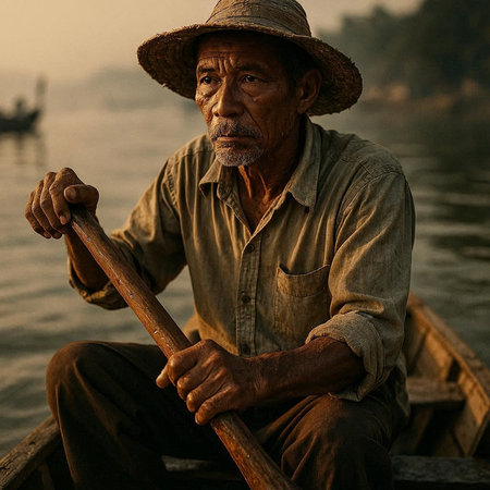 Portrait of a senior man sitting on a boat at sunset.の写真素材