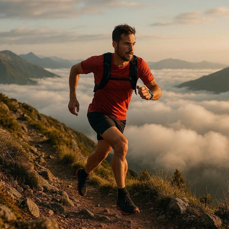 young man trail runner running on mountain top with misty sunrise in background