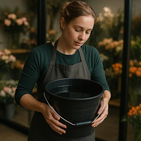 Female florist holding black bucket in flower shop, closeupの写真素材