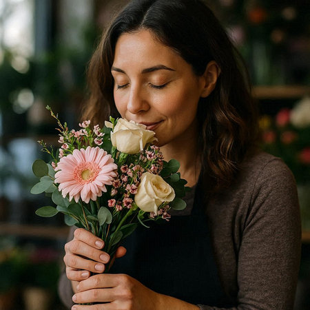 Beautiful young woman florist holding a bouquet of flowers