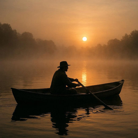 Fisherman in a boat on the river at sunrise, fishing