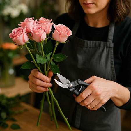 Female florist holding a bouquet of pink roses in her flower shop.