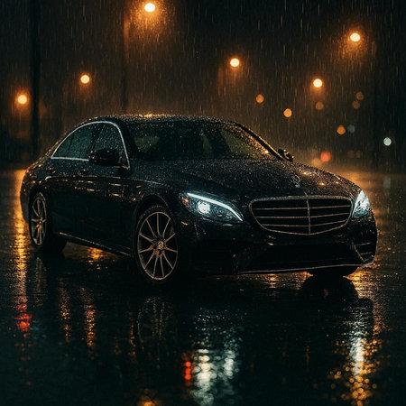 Car in the rain at night. Black car in the rain.