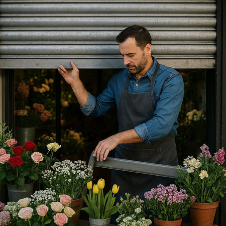 Male florist in apron working in a flower shop.
