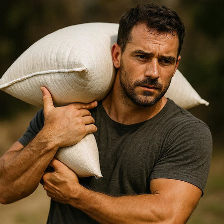 Portrait of a man with a pillow in his hand in natureの写真素材