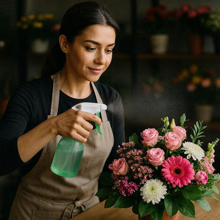Smiling female florist spraying water on flowers in flower shopの写真素材