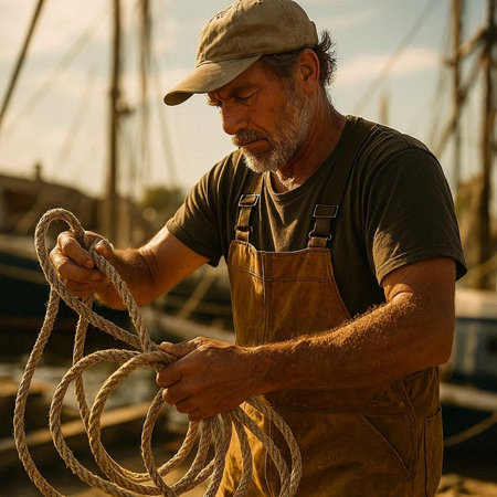 Senior man working on a fishing boat. Toned image with shallow depth of field.の写真素材