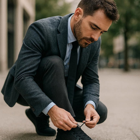 Businessman tying shoelaces on his shoes outdoors. Business man tying shoelaces.の写真素材