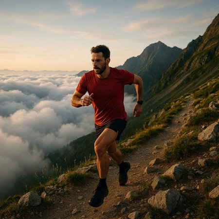 Man running in the mountains at sunset. Sport, fitness and healthy lifestyle concept.
